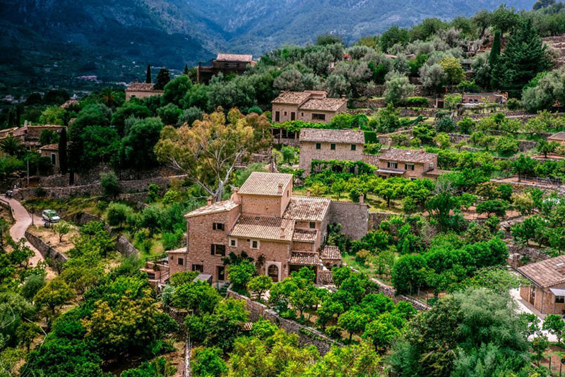 Village in beautiful scenery of mountains on Mallorca Spain