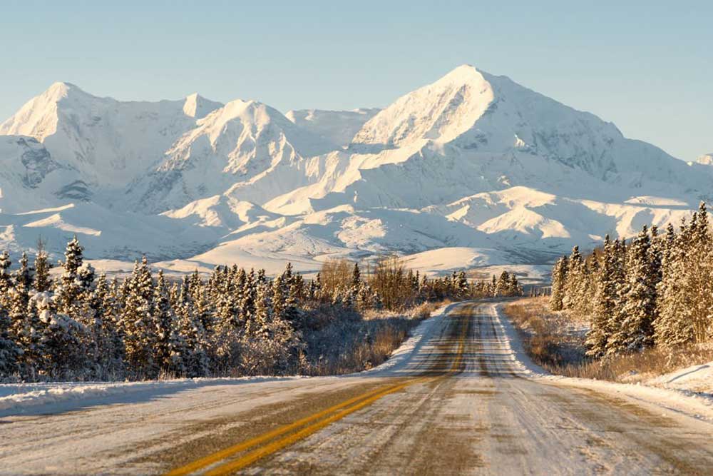 Alaska Remote Winter Highway with Mountains