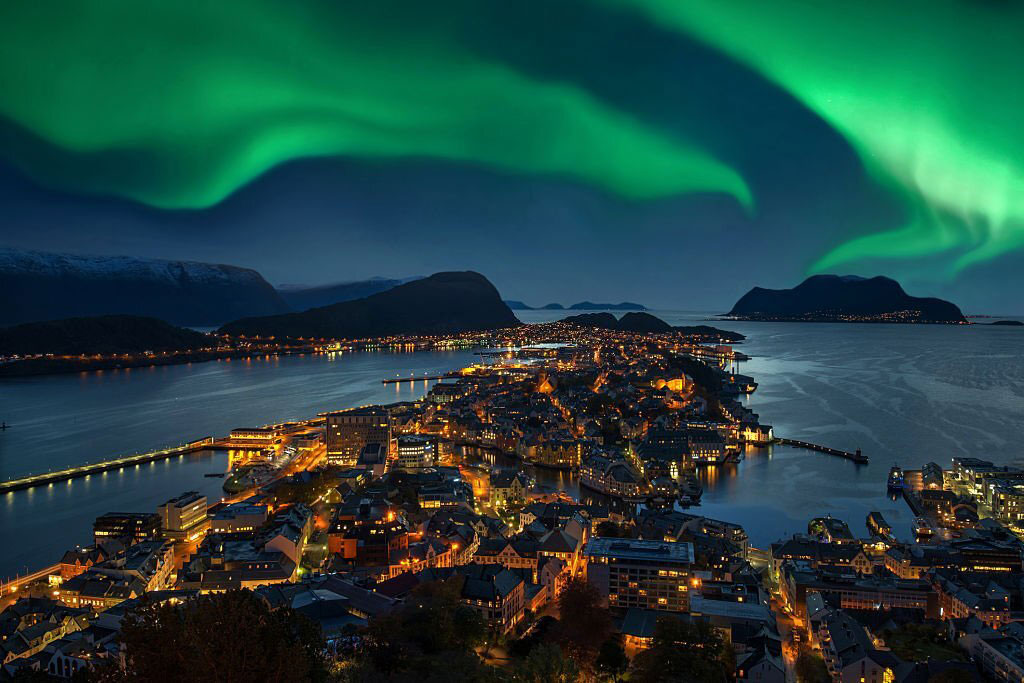 Green Aurora borealis over Alesund Norway